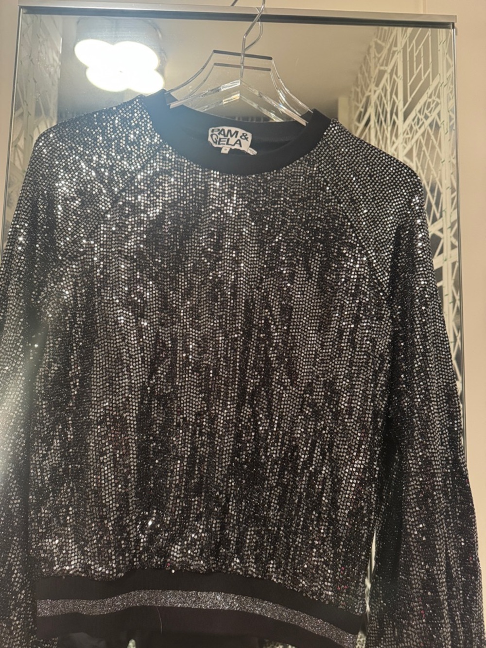 Pam & Gela Silver-Embellished Black Sequin Sweatshirt